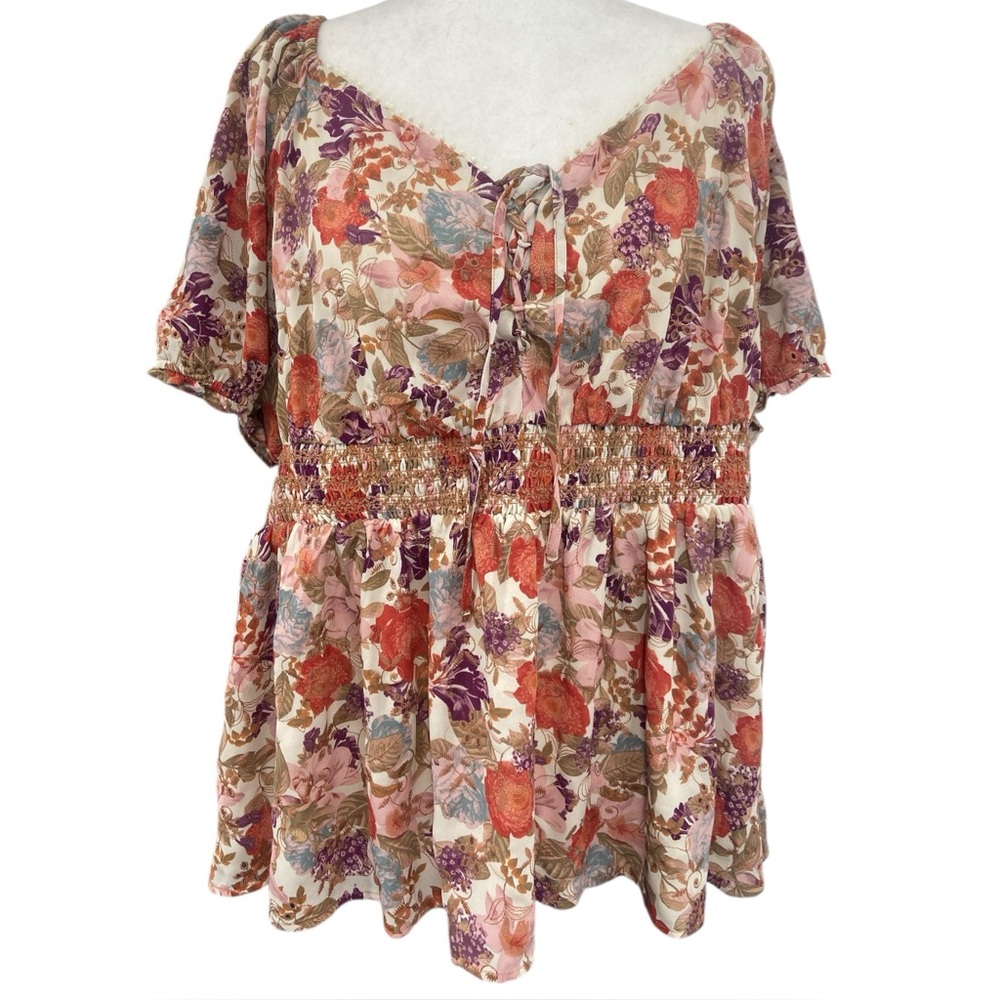 Torrid Georgette Floral Print Eyelet Smocked Waist Puff‎ Sleeve Top Size 2X